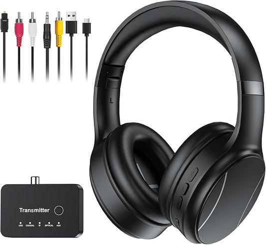 Wireless Headphones for TV, Bluetooth & 2.4G Dual-Mode Headphones with Transmitter Box, 5 Equalizer Presets with Clear Dialogue, Built-in mic for Calls, TV Ear Headsets, Black