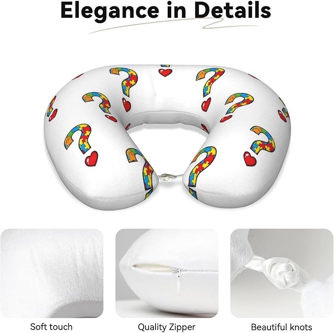 Unique Travel U Shaped Pillows Heart Autism Awareness Ribbon for Airplanes Car Flight, Comfortable Chin Head Neck Cushion Supporting, Polyester Removable Cover