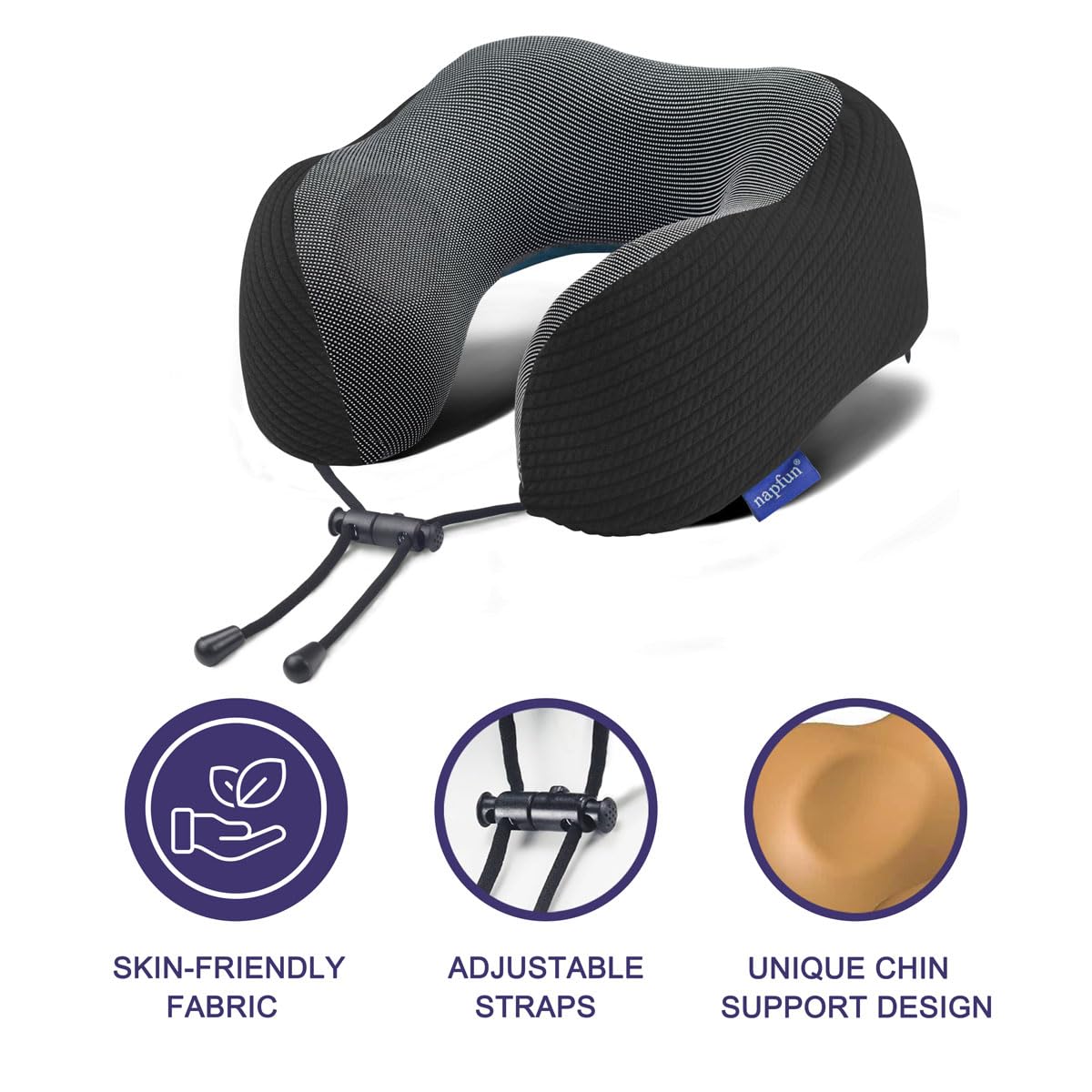 napfun Neck Pillow for Travel with Travel Pouch, Sleep Mask & Earplugs, Memory Foam Airplane Pillow for Headrest Sleep with Eyeshades, Plane Essentials with Eye Blindfold, Black Striped Kit