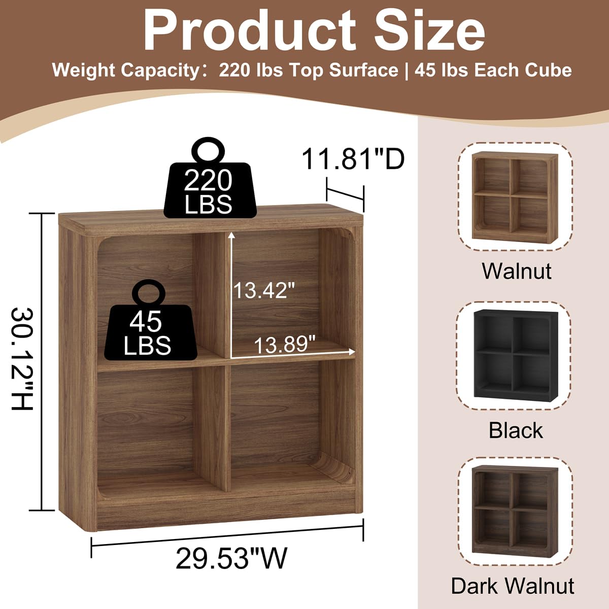 FATORRI 4 Cube Storage Bookcase, Rustic Wood Cube Bookcase Shelf Organizer, Small Storage Bookshelf for Living Room, Bedroom, Office (Walnut, 29.53" W)