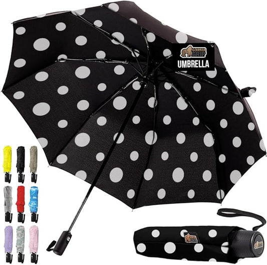 GORILLA GRIP Strong Windproof Stick Compact Umbrella for Rain, One-Click Automatic Open and Close, Durable Quick Dry Waterproof Material, Lightweight and Portable, Travel Size Fits Backpack Polka Dots