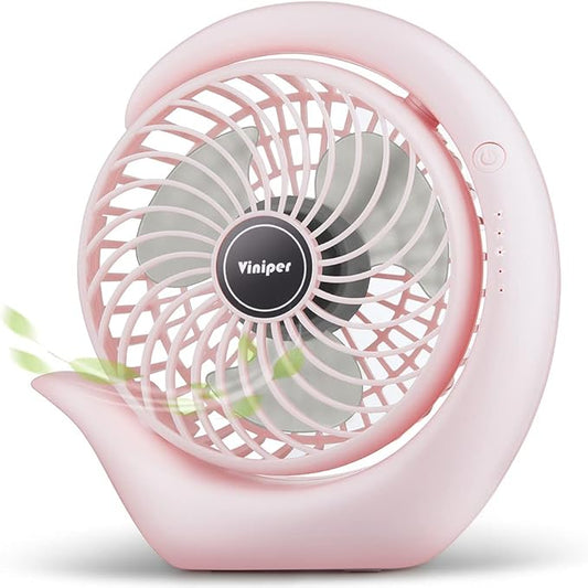 Viniper Battery Operated Fan, Usb Desk Fan : 180° Rotation and 3 Speeds Portable Office Fan, About 8-24 Hours Working for Office Home (Light Pink, Light Black Blade)
