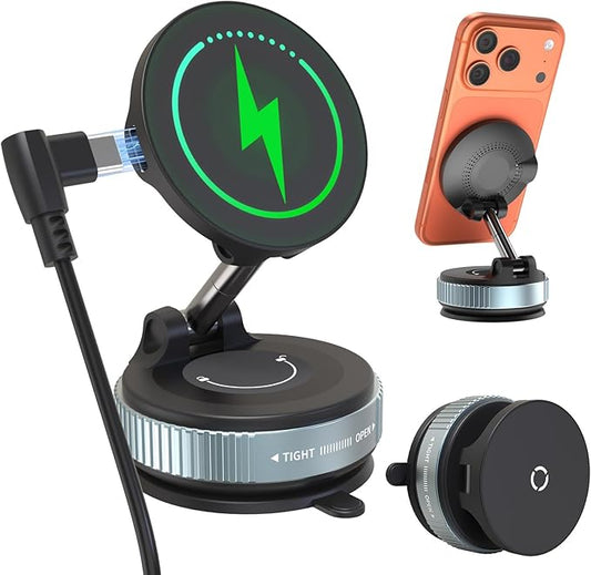E EAKSON Wireless Car Charger - 15W Fast Wireless Charging Car Mount, 360° Adjustable Vacuum Magnetic Suction Phone Holders for Car, Magnetic Phone Holder for iPhone 17 16 15 14 13 12