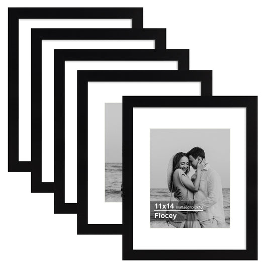 Flocey 11x14 Picture Frame 5 Pack, Black Photo Frame, Display Pictures 8x10 with Mat or 11x14 without Mat for Horizontal or Vertical Wall Mounting, Wall Gallery Frame for Artwork Certificate