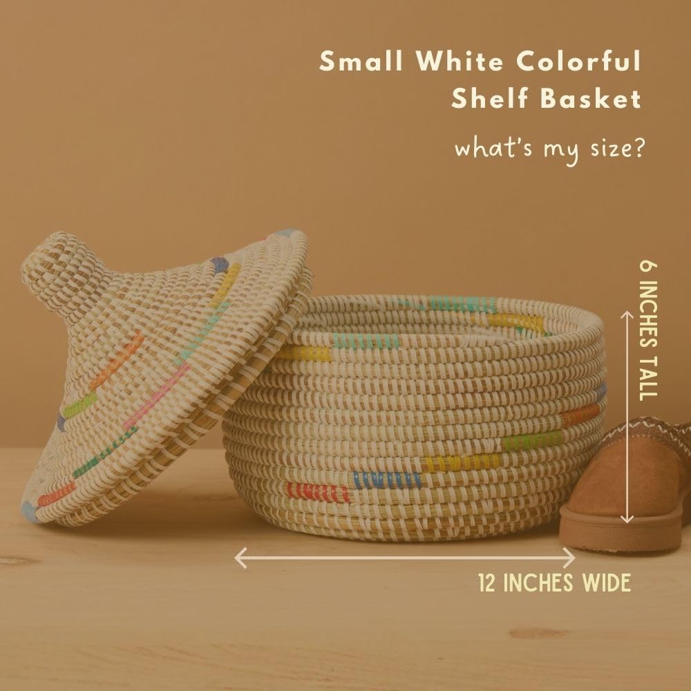 Decorative African Wicker Basket with Lid, Colorful Pattern on White, Hooded, 10 Inch Wide