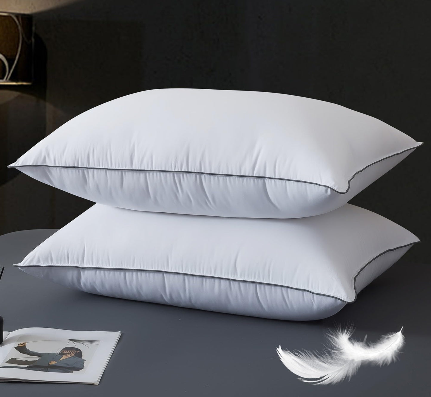WhatsBedding Goose Down Pillows Queen Size Set of 2, Luxury Hotel Bed Pillows for Deep Sleep, Fluffy Soft Feather Down Pillow for Back, Stomach or Side Sleepers, 20" x 30"