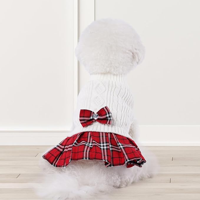 YUDODO Small Dog Sweater Dress with Bowtie Turtleneck - Knitted Pet Girl Dog Winter Clothes - Pet Warm Sweater for Puppy Yorkies, Chihuahua (L White)