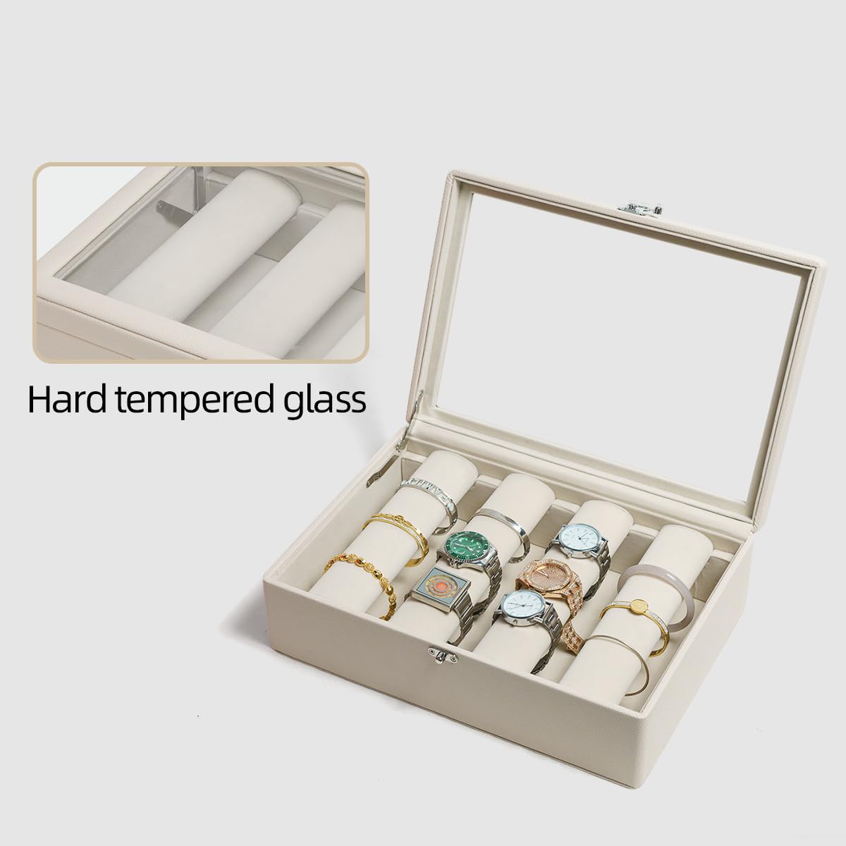OrizeGe Jewelry Box with Glass Lid Bracelet Holder PU Leather for 4 Horizontal Rods Beige Velvet Watch Case for Women