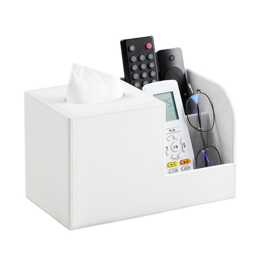 JLAMBOM PU Leather Tissue Box Cover with Remote Control Holder, Square Tissue Box Holder for Living Room Bathroom Office (Cream-White)