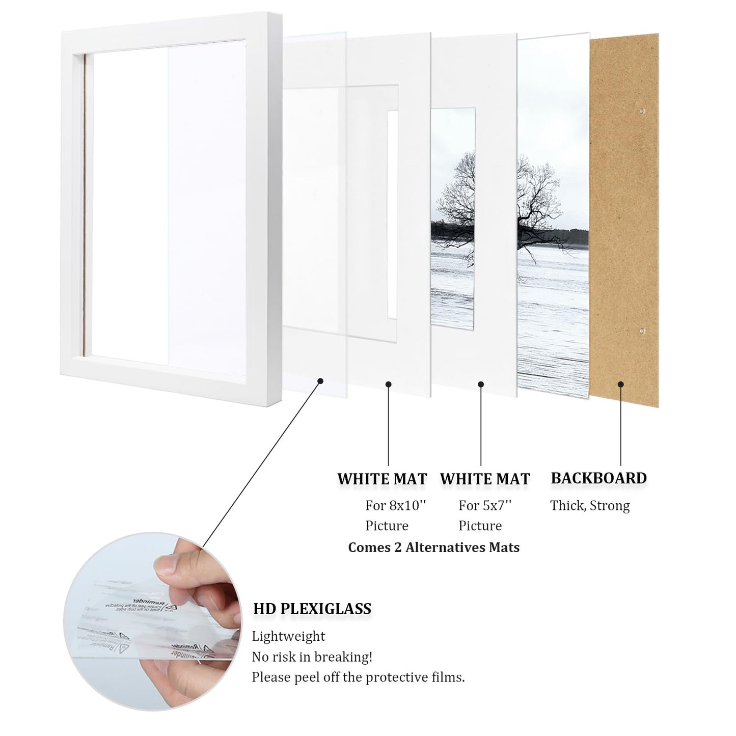 Egofine 11x14 Picture Frame White - Photo Frame Made of Solid Wood Covered by Plexiglass for Table Top Display Pictures 5x7/8x10 with Mat or 11x14 Without Mat