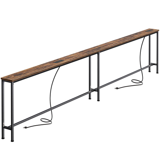 SUPERJARE 110.2 Inch Sofa Table with 2 Power Outlets and USB-C Port, 5.9 Inch Narrow Console Table with Storage, Extra-Long, for Entryway Hallway Couch Behind Sofa, Small Spaces, Rustic Brown