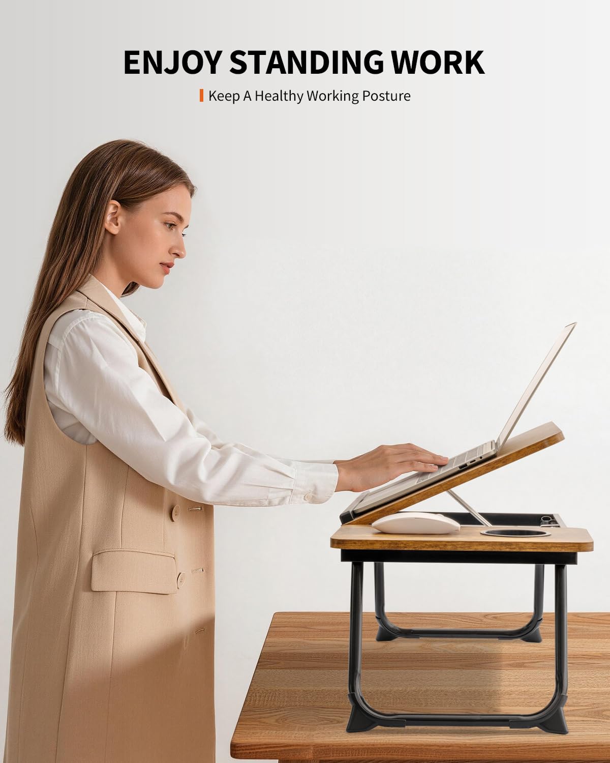 FISYOD Foldable Laptop Desk for Bed Couch, Adjustable Split Lap Desk with Cup Holder, Portable Lightweight Bed Table Tray, Heavy-Duty Laptop Stand for Working, Writing, Reading and Eating - Brown