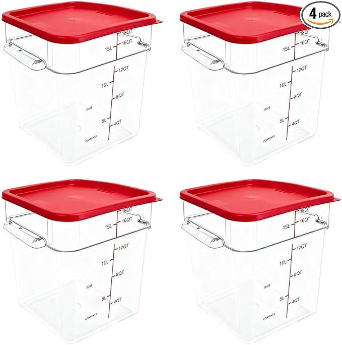 TSUBOR 4 Pack Food Storage Containers with Red Lids, 18.0 Qt - Square, Clear, Polycarbonate, for Restaurant Commercial Kitchen and Home party