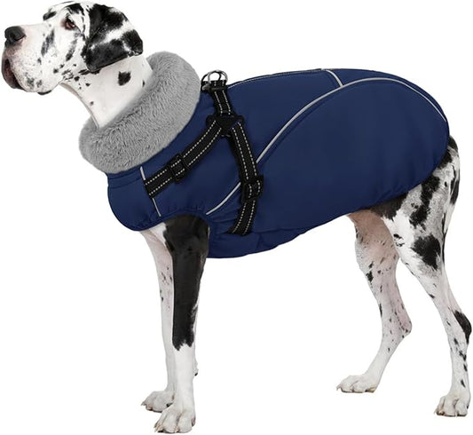 AOFITEE Dog Coat for Large Dogs, Waterproof Dog Jacket with Harness Built in, Warm Fleece Pet Puffer Jacket with Zipper, Cold Weather Coats for Dogs Outdoor, Reflective Pet Snowsuit, Blue XL