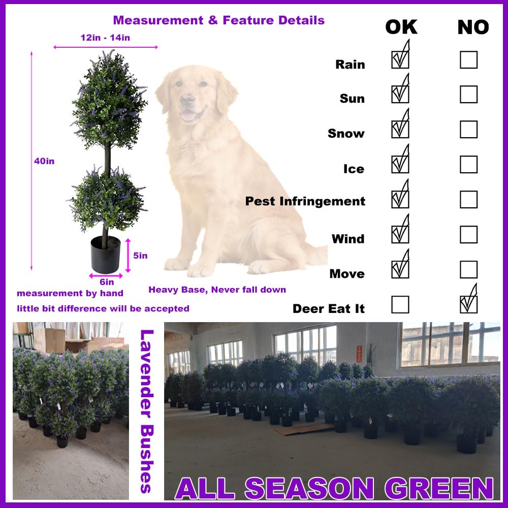 ALL SEASON GREEN Artificial Plants Topiary Tree, 40'' Purple Lavender Faux Flowers Potted Outdoor Plant, Front Porch Decor