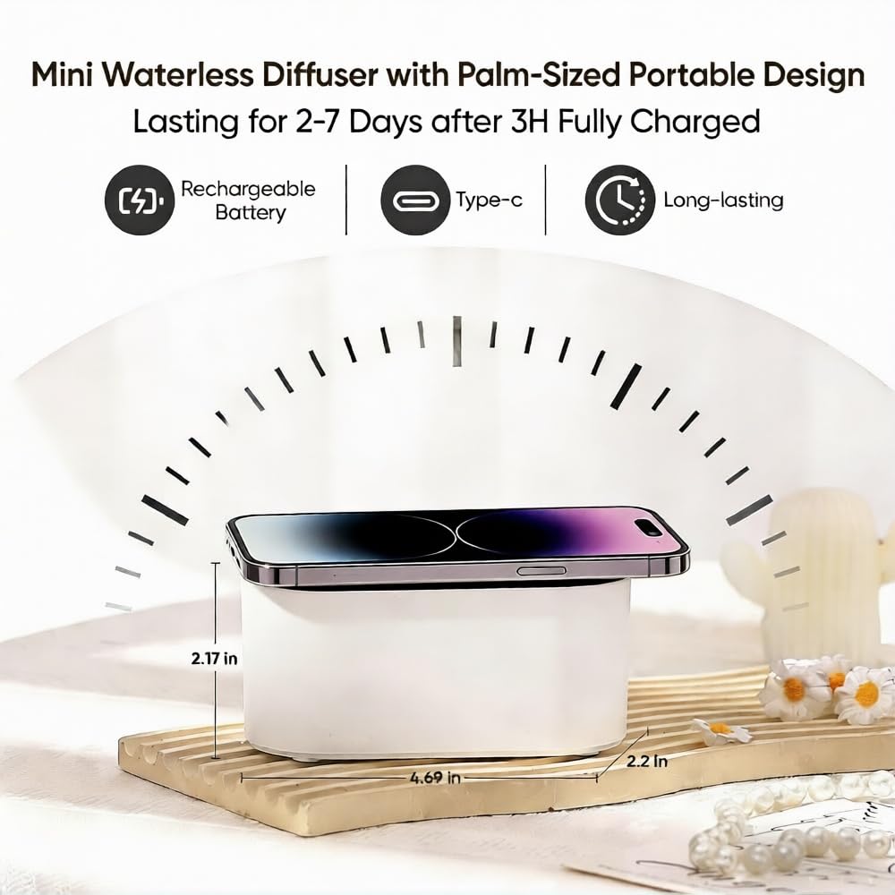 Lecdura Waterless Diffuser for Essential Oil, Battery Operated Scent Air Aromatherapy Diffuser, Mini Aroma Diffusers with 3 Intermittent Mist Modes, Cycle Start for 400-700 sq.ft Home Office Bedroom.