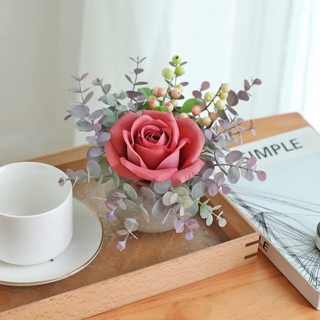 Rosscer Small Artificial Pink Rose Potted Plant, 6" Fake Silk Flowers in 3.5" Round Pot, Mini Faux Floral Arrangement for Desk Shelf Bathroom Decor