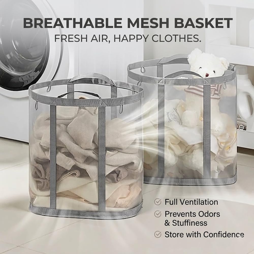 Yagizaai Wall-Mounted Foldable Laundry Basket, 41L Collapsible Mesh Hamper, Hanging Storage Bag for Bathroom, Dorm, Travel, Beach, Camping, Reinforced Handles, Grey