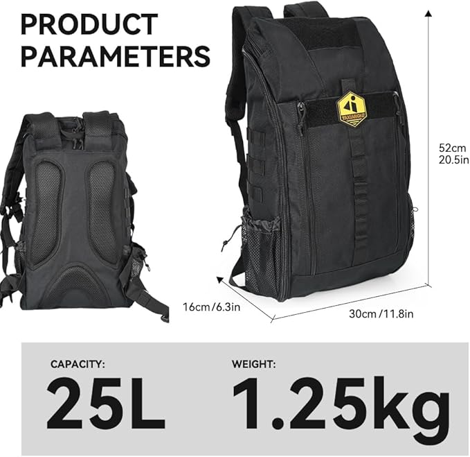 Hiking Backpack 25L for Men & Women, Waterproof Breathable Daypack, Lightweight Camping Backpacking Backpack with MOLLE System-Black
