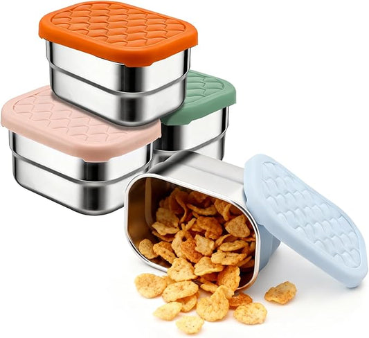 Fevbcnrj 4 Pack Stainless Steel Snack Containers, 8 oz Chip Container for Lunch Box, Easy Open No Leakage, Small Snack Containers with Silicone Lid, Stackable Metal Lunch Box for Outdoor and Travel