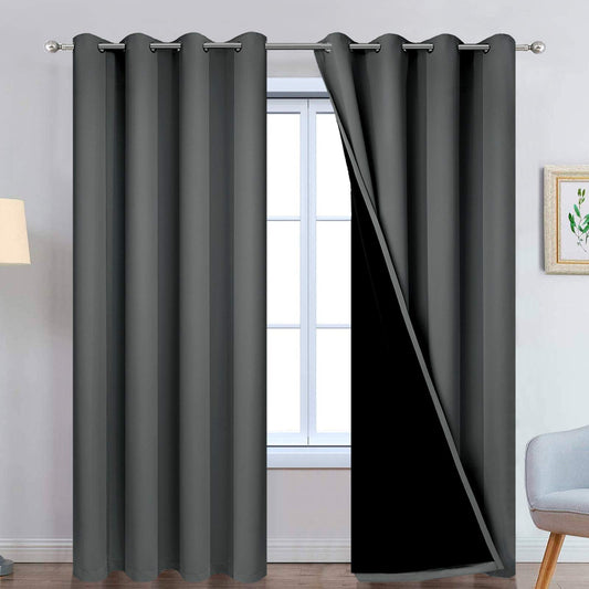 Yakamok 100% Dark Gray Blackout Window Curtain Panels Full Light Blocking Drapes with Black Liner Room Darkening Thermal Insulated Curtains for Bedroom/Living Room(Dark Grey, 52W x 96L, One Pair)