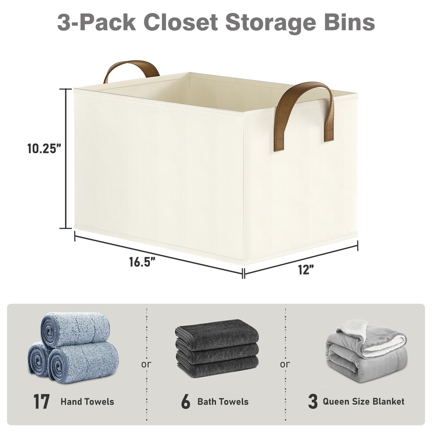 Closet Storage Bins, Fabric Closet Organizers and Storage Basket for Shelves, Collapsible Shelf Baskets for Organizing Shelves, Bedroom Clothes Basket, Beige, 3 Pack