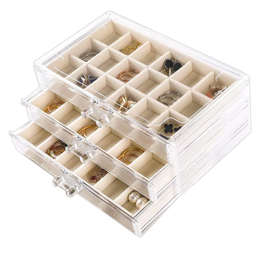 YUFONG Earring Organizer Box Acrylic Jewelry Organizer with 3 Drawers 54 Adjustable Grids Clear Stackable Earring Holder Velvet Trays Ring Display Case for Women Girls (Beige)