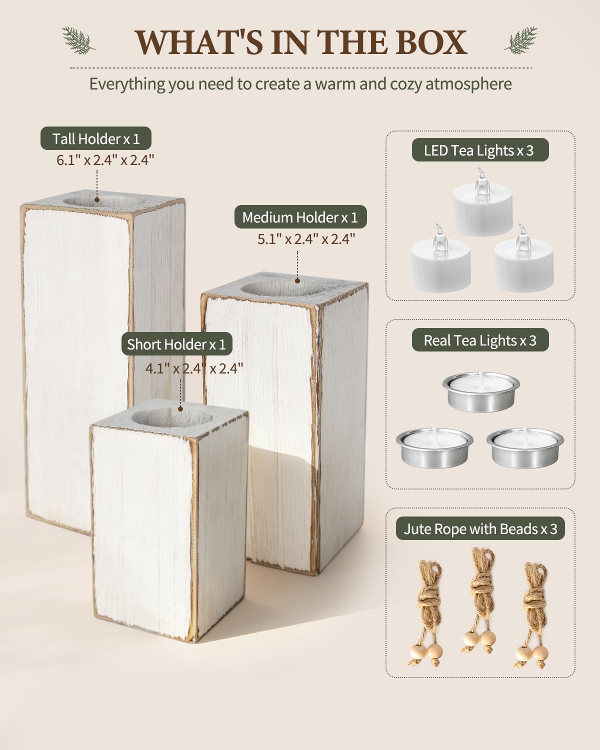 Farmhouse Decor Wooden Candle Holders Set of 3 - Fake Candles and Real Tea Lights, Rustic White Farmhouse Table Decor, Decorative Candles for Fireplace Mantel, Wedding, Holiday