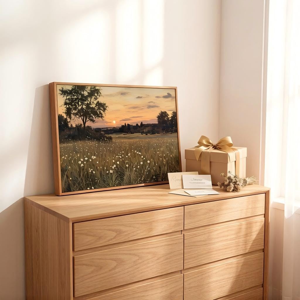 Framed Vintage Farmhouse Canvas Wall Art Rustic Wildflower Field Landscape Painting Retro Country Sunset Prints Vintage Moody Landscape Prints Artwork for Living Room Bedroom Bathroom 16x24