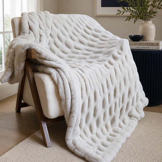 Raelee Luxury Faux Rabbit Fur Throw Blanket, Ultra Soft Double Sided Fluffy Plush Throw for Couch, Bed, Chair, Thick Warm Cozy Decorative Bubble Throw Blanket, Cream White, 50x60