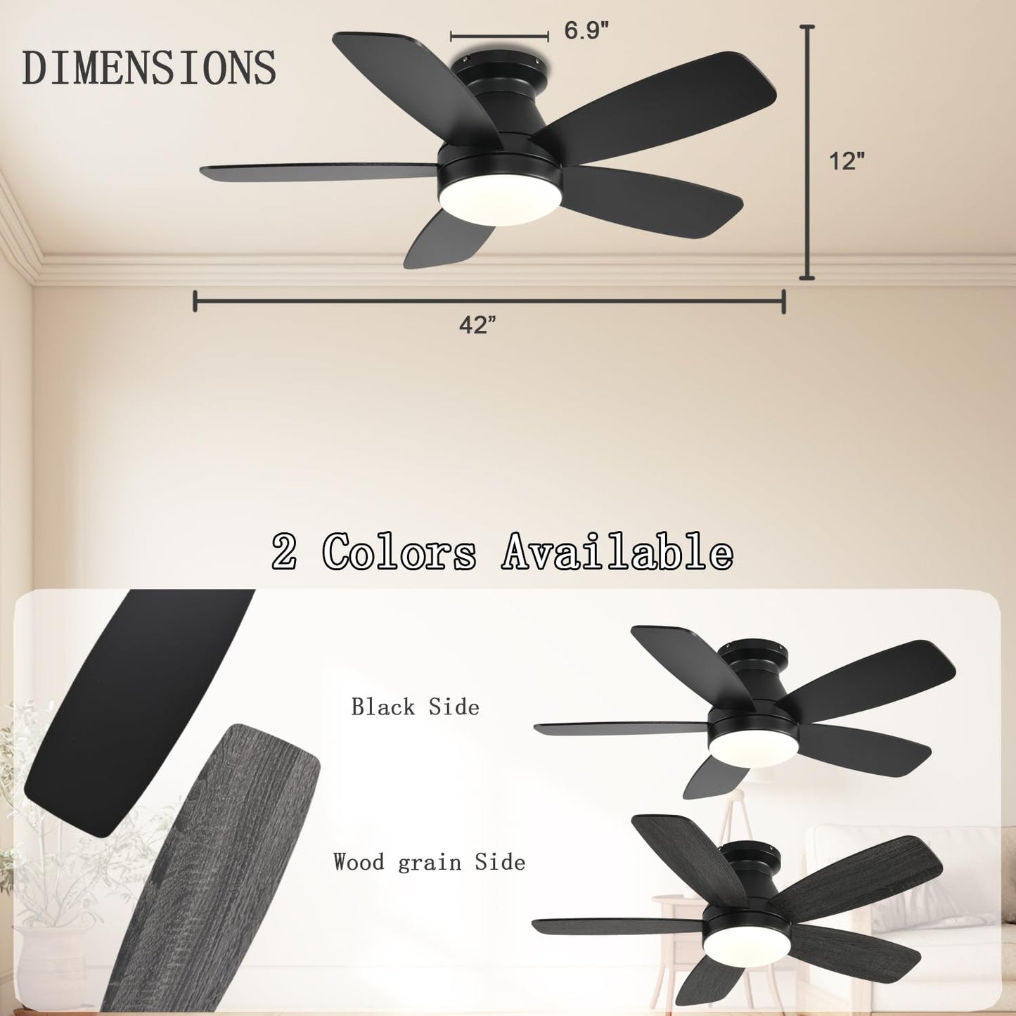 JSAITEE Ceiling Fans with Lights, 42 Inch Low Profile Ceiling Fan with Light and Remote/App Control, Flush Mount, Reversible, 3CCT, Dimmable, Noiseless, Black Ceiling Fan for Indoor/Outdoor Use