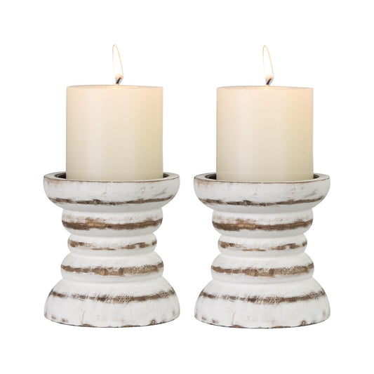 Candle Holder for Pillar Candle Set of 2, Farmhouse Wood Candle Holder, Rustic Wooden Candle Stand, Vintage Small Wooden Candlestick Holders for Living Room, Table Centerpiece, Rustic White