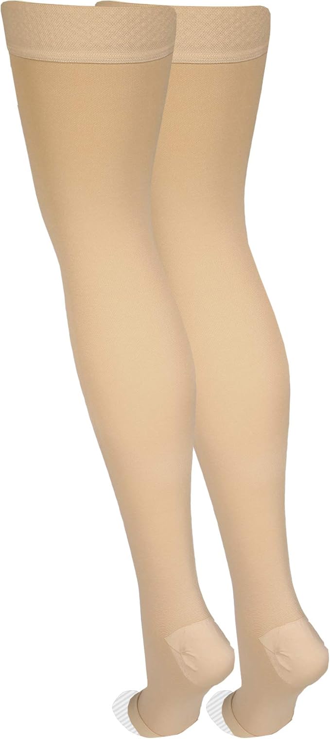 Amazon Basic Care Medical Compression Stockings, 20-30 mmHg Support, Women & Men Thigh Length Hose, Open Toe, Beige, X-Large (Previously NuVein)