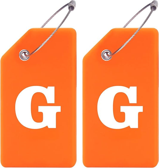 Gostwo 2 Pack Silicone Luggage Tags for Suitcases, 26 Initial Letter Baggage Labels Handbag School Bag Suitcase Instrument Tag with Stainless Steel Loop(Orange)(Letter G)