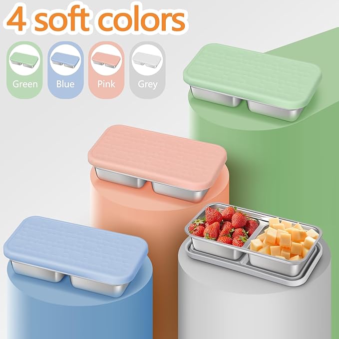 PTYTIFY 2 Pack Stainless Steel Snack Containers with Lids, 2 Compartment Snack Containers, Reusable Food Containers for Home, Travel, Outdoor