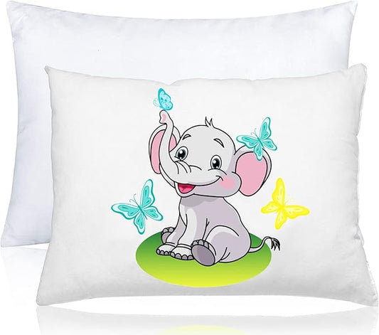 kinder Fluff Child Pillow with Pillowcase 13x18in- 233T Cotton Shell & Down Alternative Fill - Ideal for Travel, Bedding Set & Floor Cushions -White Pillow with Pillowcase Elephant Design