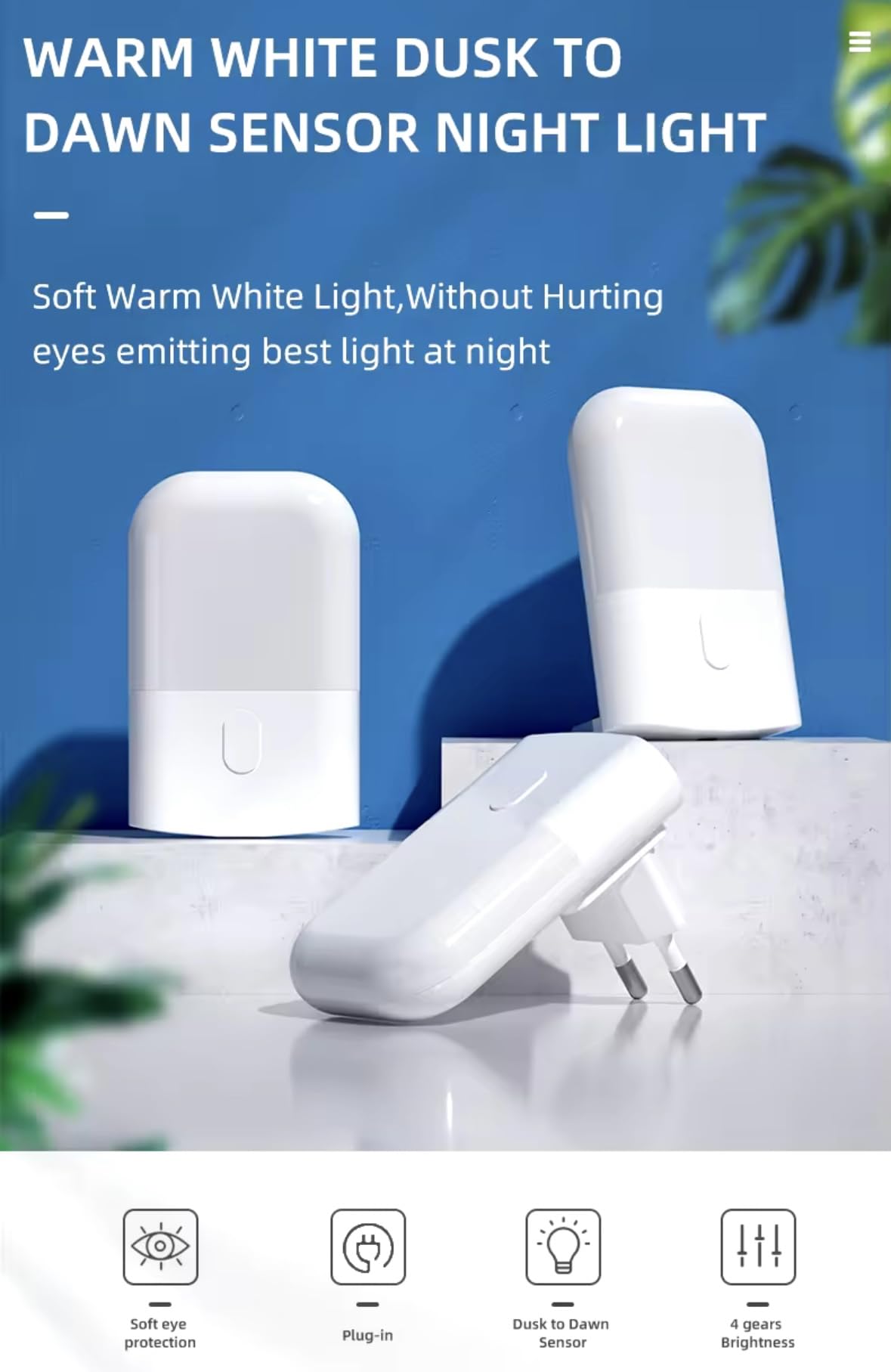 Led Night Light Plug into Wall, 4 Modes Brightness Adjustable, 2700K Warm White, Light Sensor Dusk to Dawn, Indoor Light for Bedroom Living Room Stair and Hallway. 2 Pack.