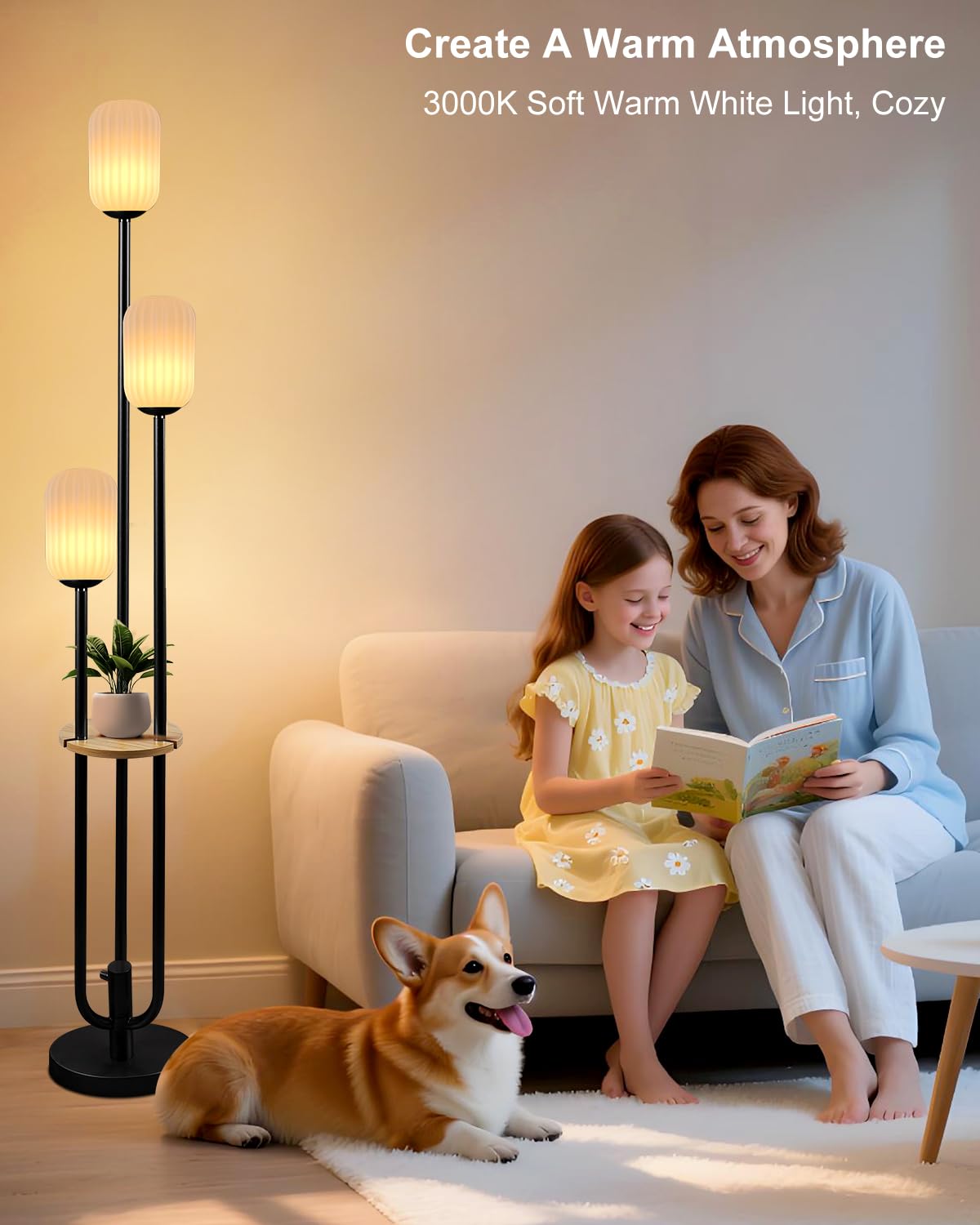 Lightdot Black Dimmable Floor Lamp with Shelf Modern Floor Lamps with Oval Striped Lampshade & Bulb Included 3-Lights Tall Lamp with 5Lbs Heavy Base for Living Room/Bedroom/Sofa Beside/Corner Decor