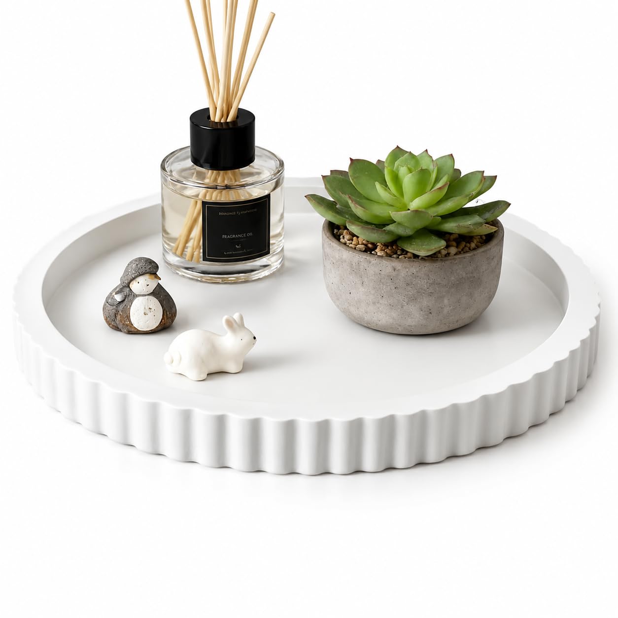 Round Fluted Wood Tray, 11 in Diameter, Accent Catchall for Vanity, White