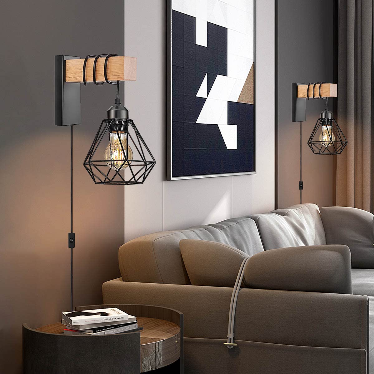 Plug in Wall Sconces Set of Two,Farmhouse Wall Mounted Lights with Plug in Cord,Black Rustic Wall Lamp for Bedroom Bedside Living Room,with Wood Arm and 70.8inch On/Off Switch Cord,2 Pack
