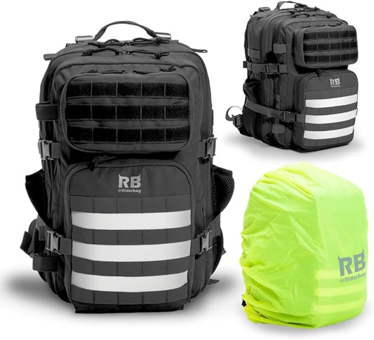 Xtreme 30L Tactical Backpack – Carry On Travel and Gym Daypack with 16 inch Laptop Sleeve, Stick Holder, Double Bottle Pockets, Recycled Fabric Shell, Rain Cover (Black)