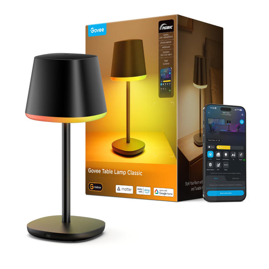 Govee Smart Cordless Table Lamp Classic (No Adapter), RGBIC Rechargeable Table Lamp for Bedroom, Living Room, Portable Desk Lamp Works with Matter, LED Bedside Lamp with 72 Scenes Modes, Timer, 500lm