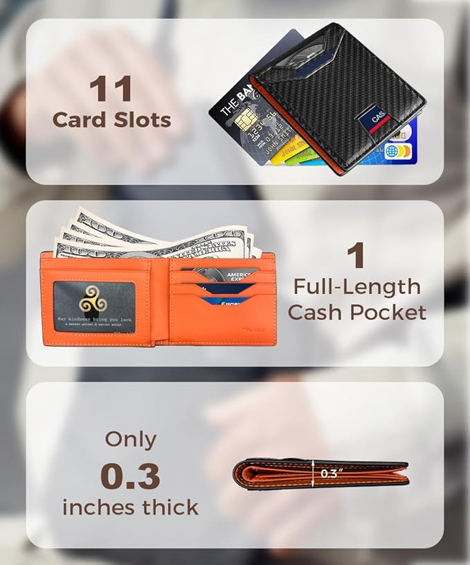7worldlet Slim RFID Blocking Wallets for Men Synthra™ Ultra Leather Bifold Minimalist Wallet 11 Cord Holder Thin Mens Wallet with Gift Box (Oranger)