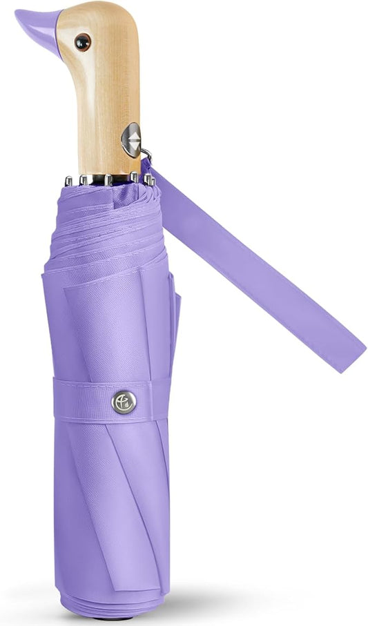 Cute Duck Umbrella Automatic - Compact Pretty Pocket Size Strong Duck Collapsible Umbrella Yellow Wooden Handle for Women