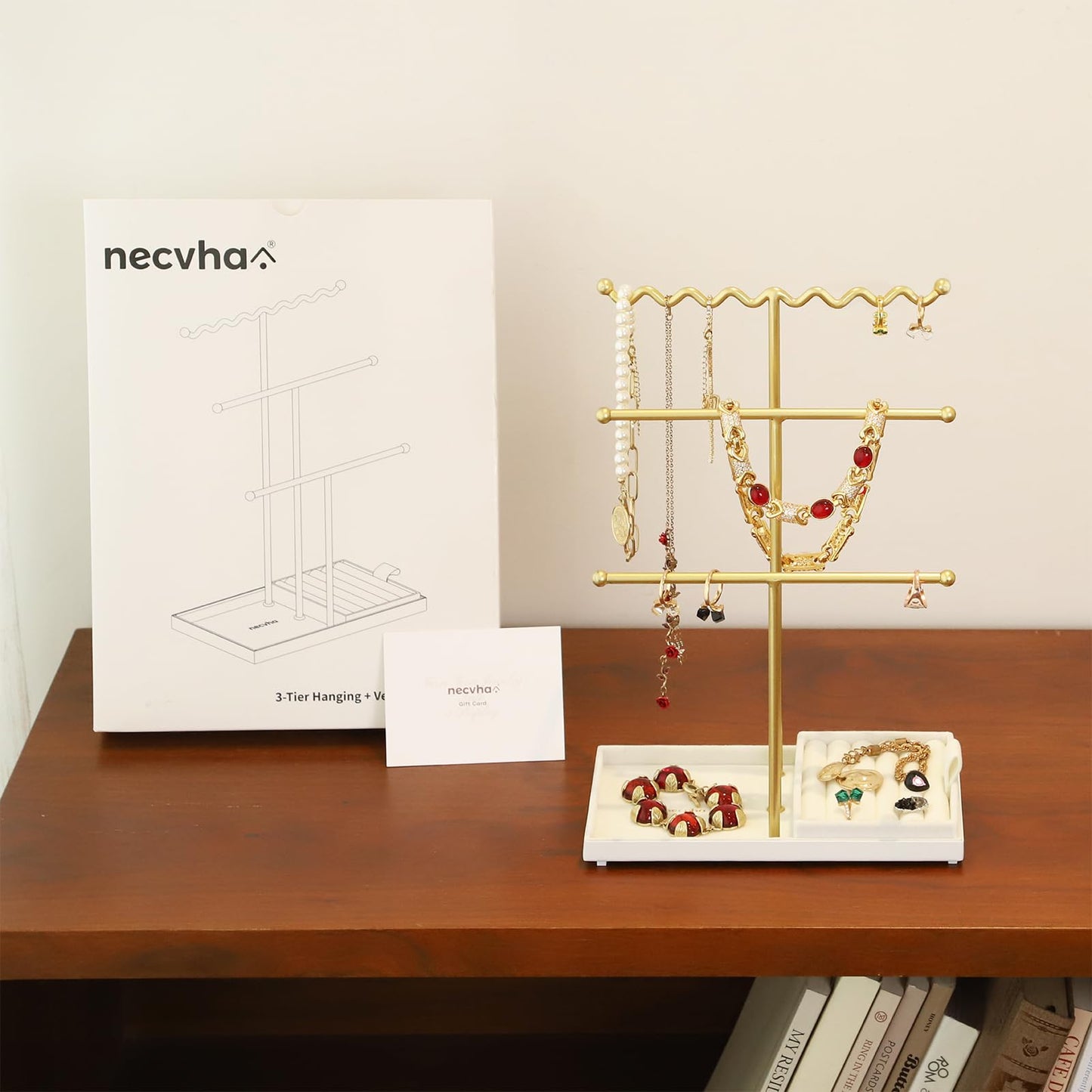 necvha Jewelry Stand Holder Organizer, 3 Tier Bracelet Holder Display with Detachable Velvet Tray, Elegant Jewlery Tower for Display Bracelet, Necklace, Earrings, Rings (Beige)