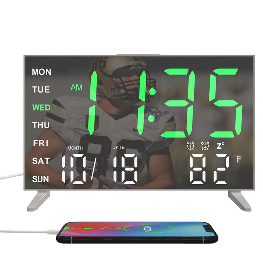 MEISHIDA Alarm Clocks for Bedrooms, Small Digital Clock, LED Mirror Alarm Clock with USB Ports, Desk Clock for Kids, Dual Alarms, Snooze, 4 Levels Brightness, 12/24H (Grey)