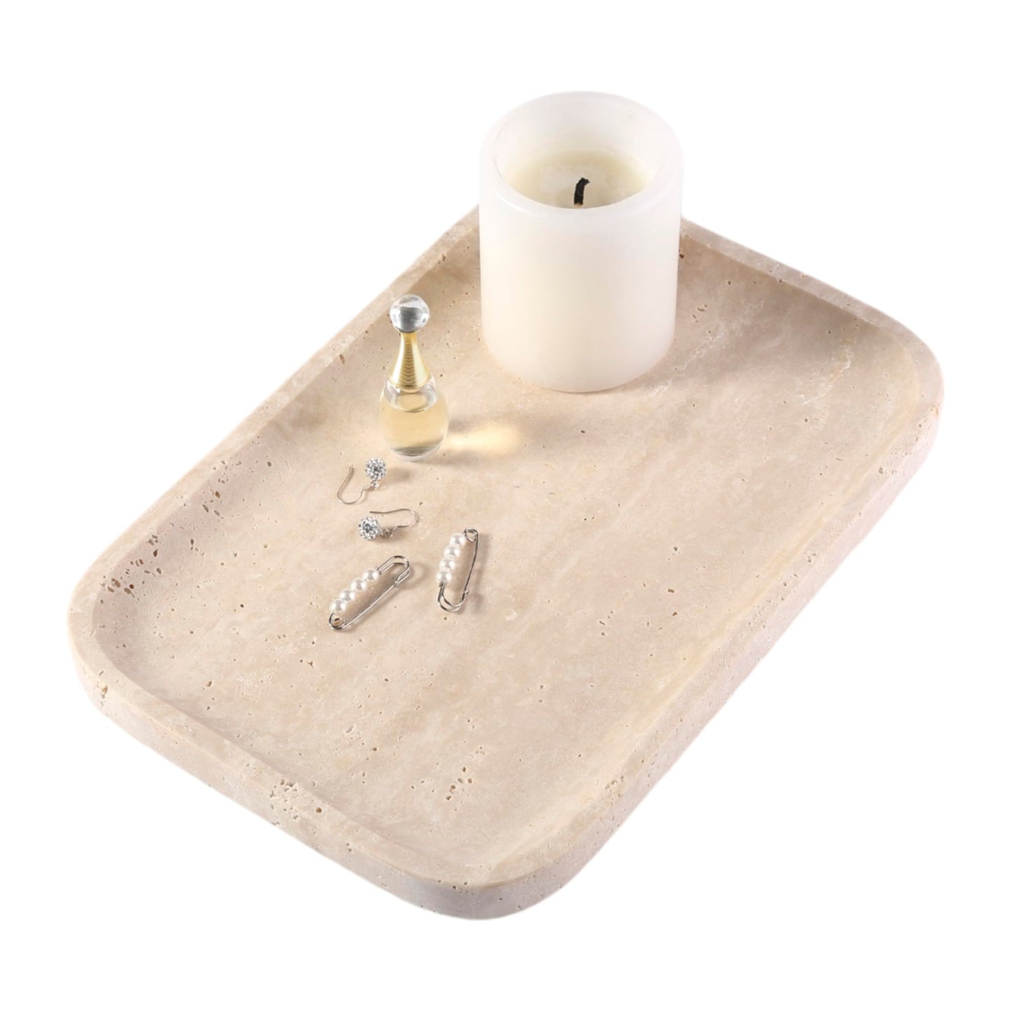 Marble Vanity Tray for Dresser Organizer, Travertine Bathroom Tray Countertop, Beige Decorative Serving Trays, Kitchen Sink Storage, Jewelry & Perfume Holder(Travertino Romano)