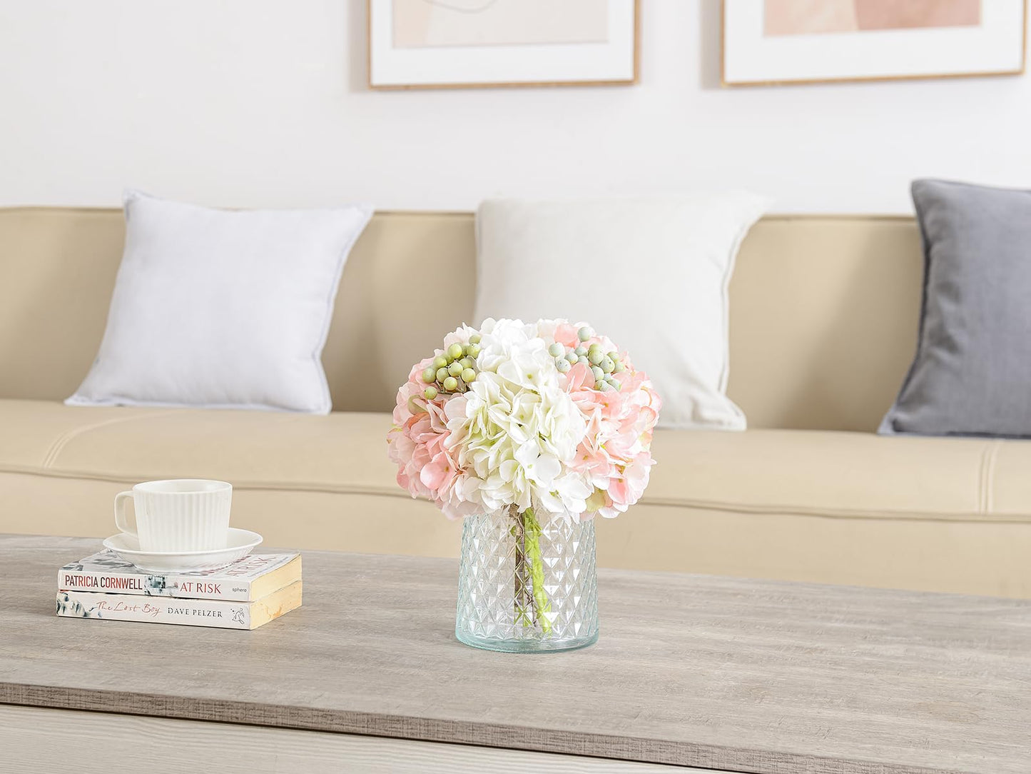 Wracra Hydrangeas Floral Arrangement in Glass Vase, Fake Flowers Silk Hydrangea Artificial Flowers with Vase for Home Office Decoration, Dining Table Centerpiece(Pink)