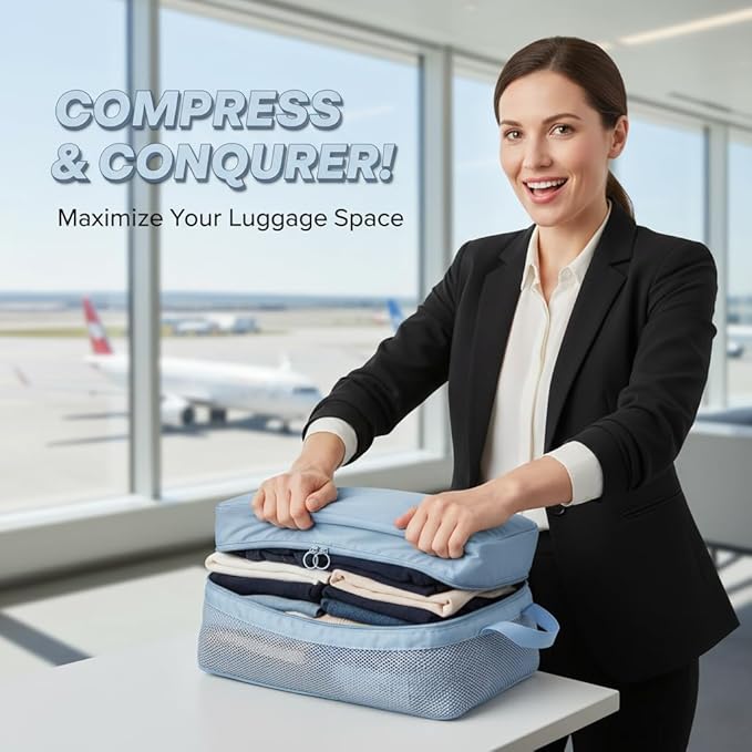 8-Piece Travel Compression Packing Cubes Set - Luggage Organizers for Suitcases - Space Saving Storage Bags for Clothes Travel Essentials (Light Blue)