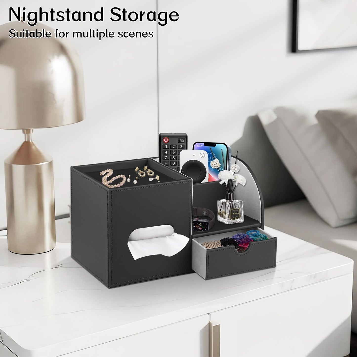 PU Leather Square Tissue Box Cover with Tray and Organizer, Multi-Function Remote Control Tissue Holder for Vanity, Nightstand, Bathroom, Home and Office